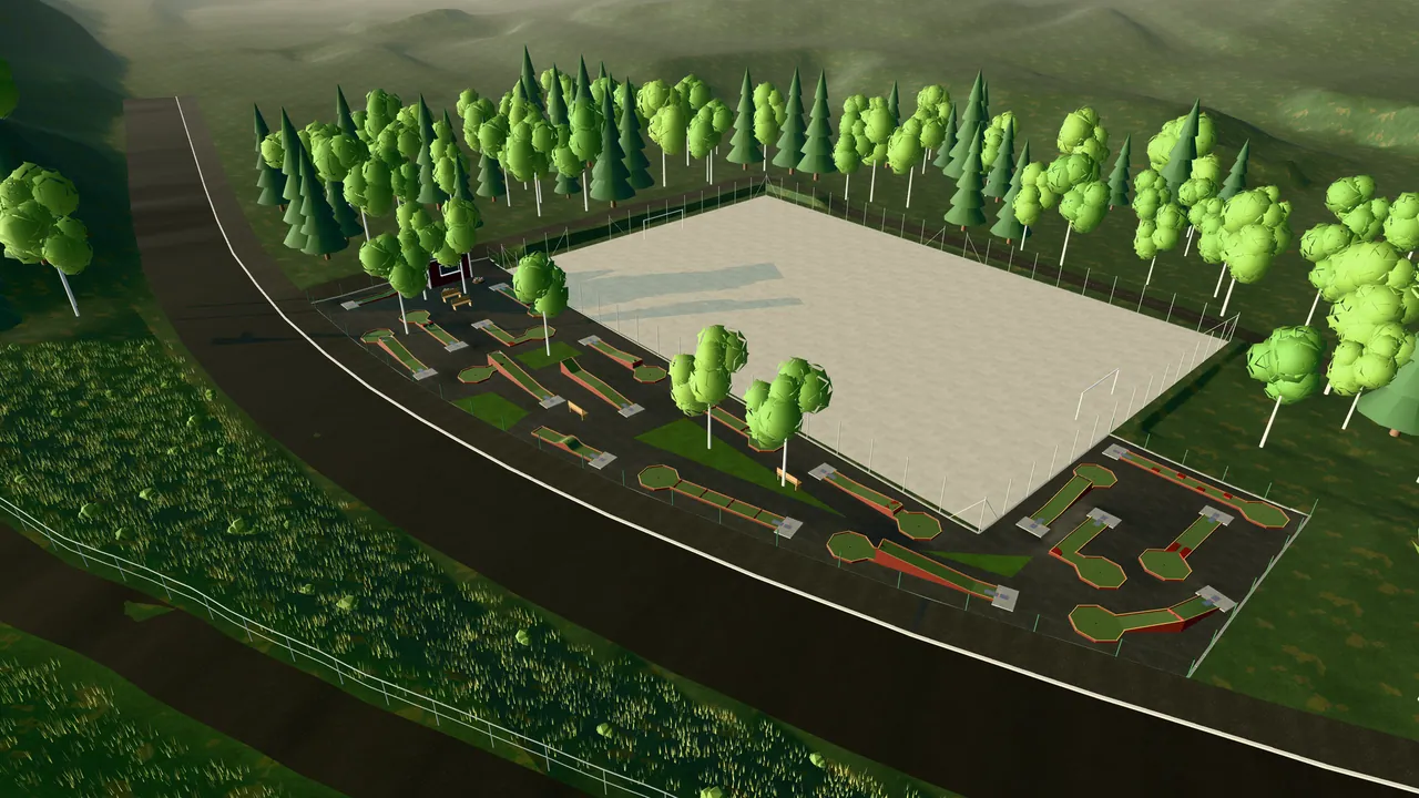 Bergsjöns BGK rebuilt in 18spik's 3D scene: eighteen lanes, the football pitch and the forest in evening light