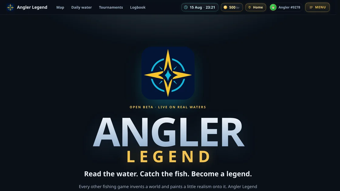 Angler Legend's front page: open beta, live on real waters. Read the water. Catch the fish. Become a legend.