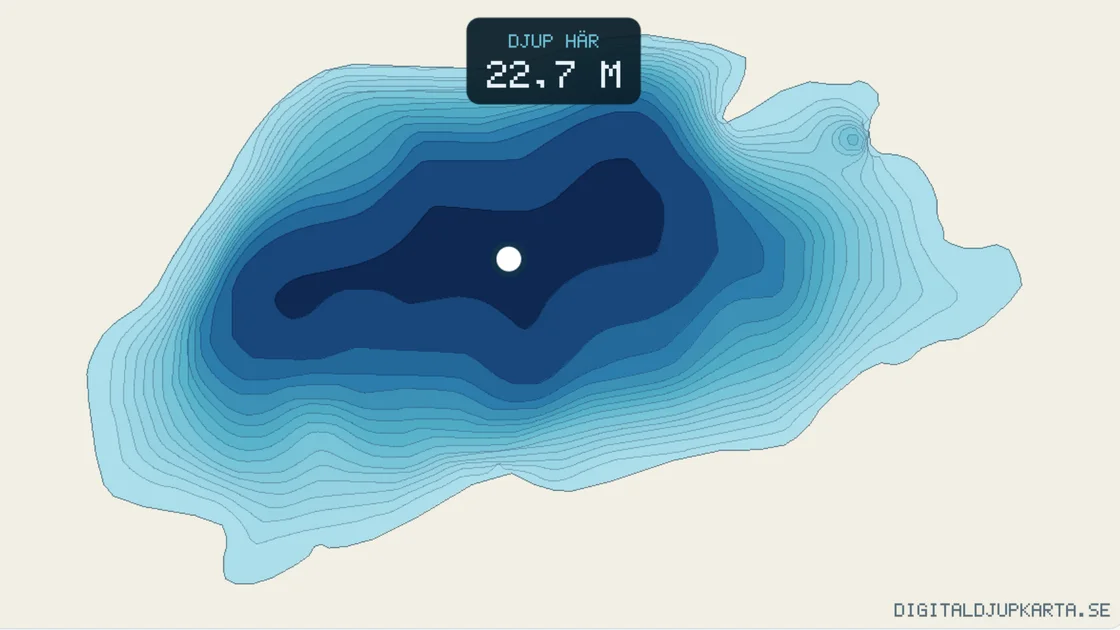 Tovåssjön's depth map with one tap on its deepest point: depth here, 22.7 metres