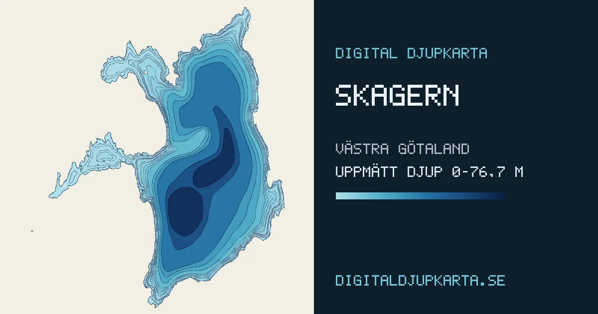 The depth map of Skagern, measured from 0 to 76.7 metres, in shades from pale to deep blue
