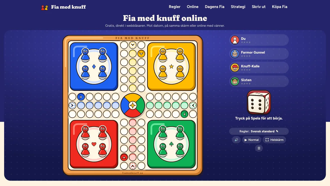 The Fia med knuff board on fiamedknuff.se: four coloured nests, the track around them and the paths home to the middle, with three computer players waiting