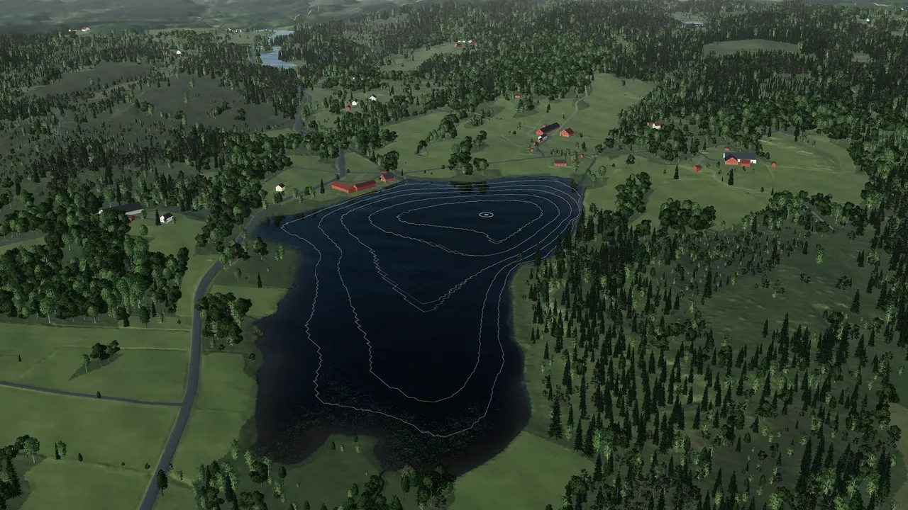 The lake from above with its depth contours drawn on the water