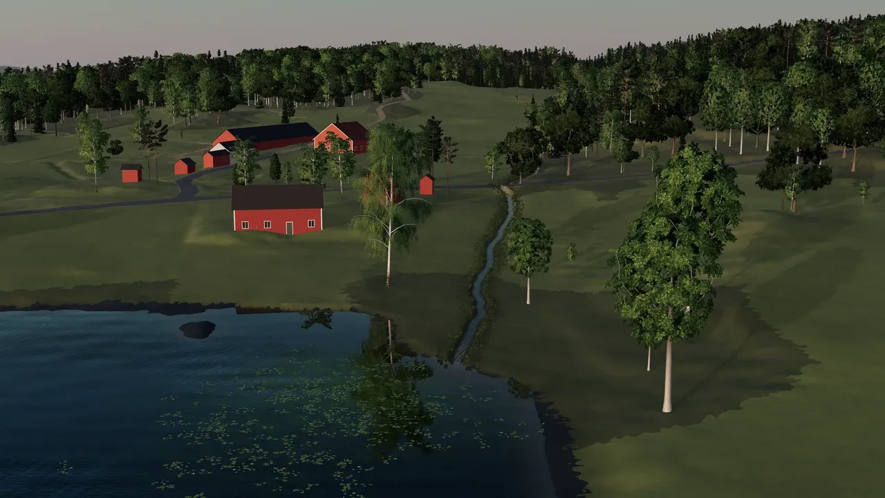 The north-east inlet in golden light: a stream running into the lake past a red farm