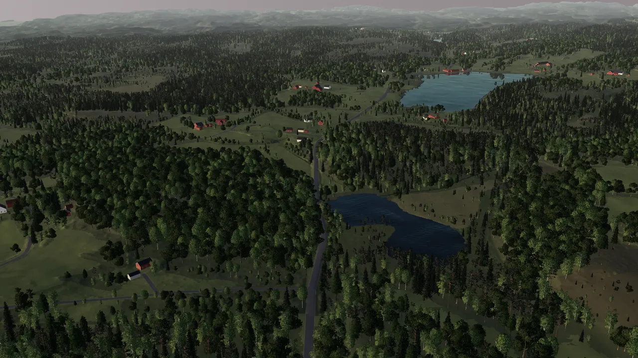 Two lakes in the forest, rebuilt from above in the evening light, with red farmhouses between the fields