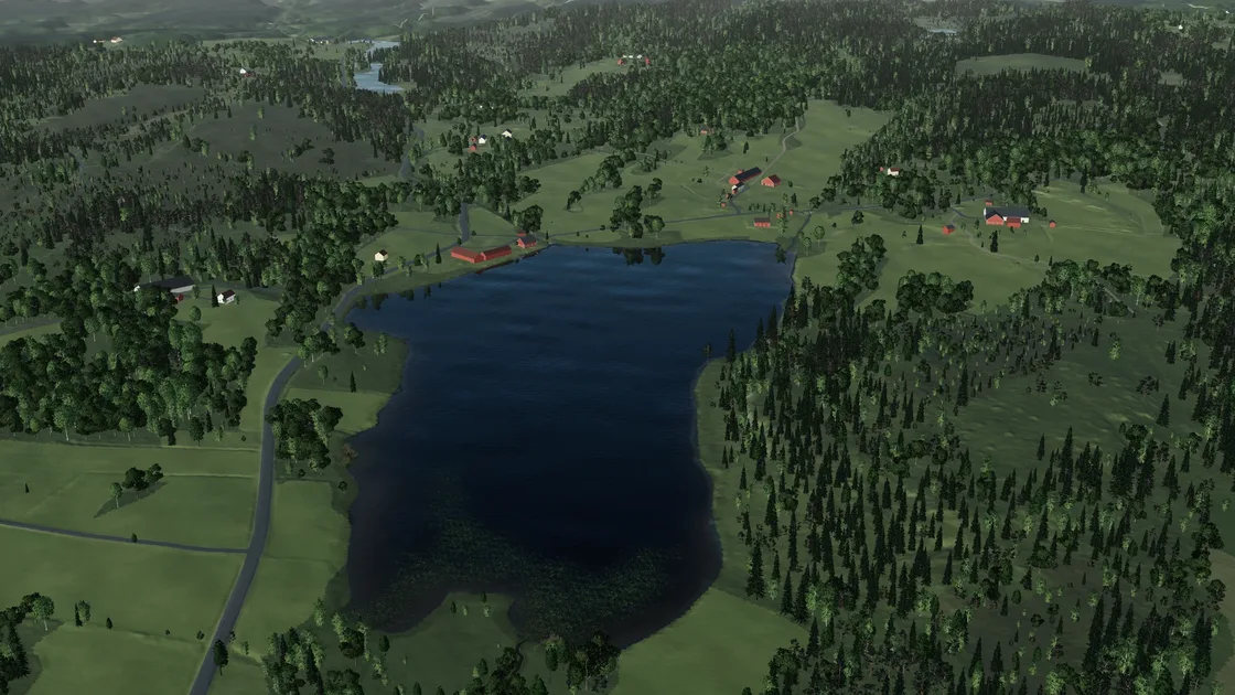 Gudmundaredssjön from above, rebuilt: the dark water, the forest, the fields and the road along the shore