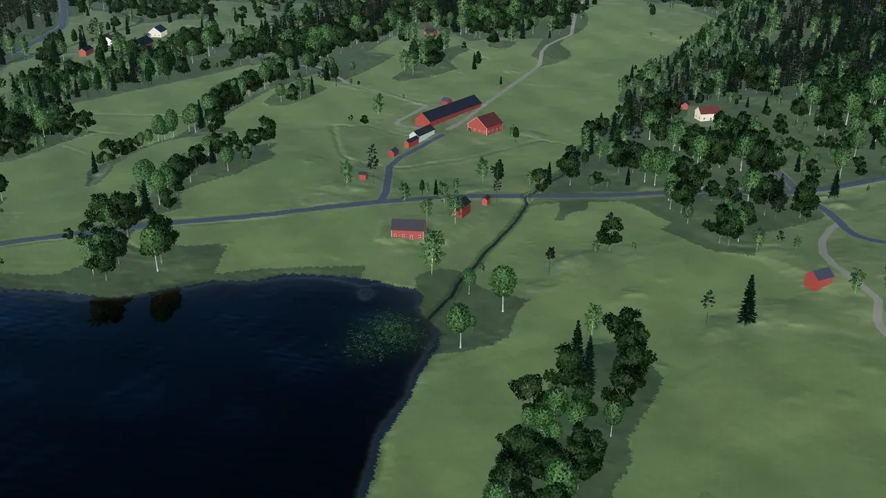 The north-east corner of the lake from above: farmhouses, outbuildings and the road down to the water