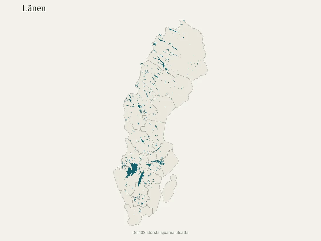 A map of Sweden divided into its counties, with the 432 largest lakes drawn in