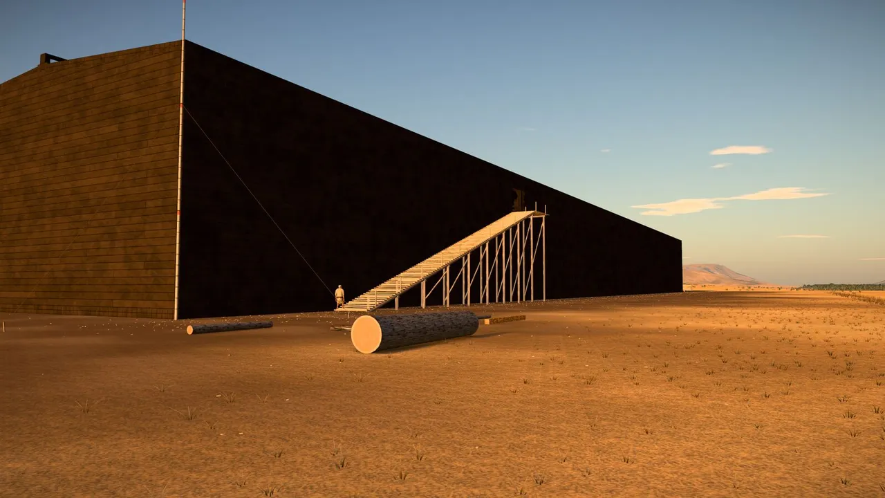 Beside the finished hull in the game: a long dark wall of pitched wood, a ramp up to the door in its side, a log on the ground
