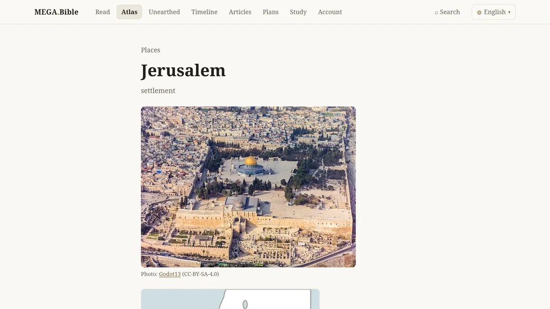 The page for Jerusalem on MEGA.Bible, with an aerial photo