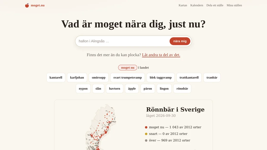 moget.nu: What's ripe near you, right now? A search box, the species that are ripe in the country today, and a map of rowan berries in Sweden