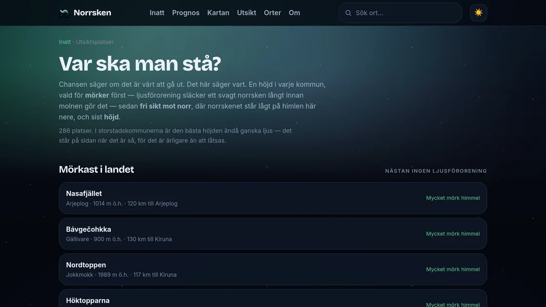 Where should you stand? A list of the darkest viewing spots in Sweden on Norrskensprognos