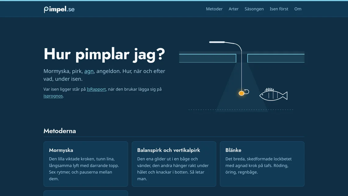 pimpel.se: Hur pimplar jag? With a drawing of a rod over a hole in the ice, a mormyshka on its line and a fish below