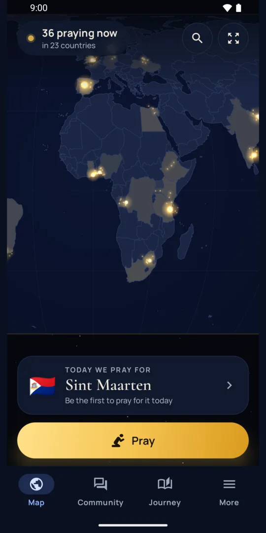 The map at night: 36 praying now in 23 countries, as lights over Africa and Europe, with today's country below