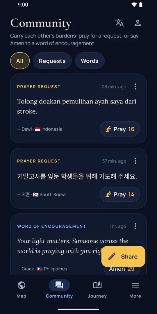 Community: prayer requests and words of encouragement in several languages