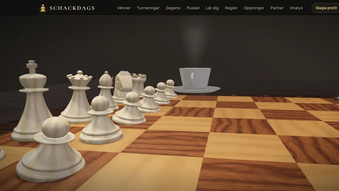 The living board on Schackdags: wooden white pieces lined up on the board, a steaming cup of coffee beside it