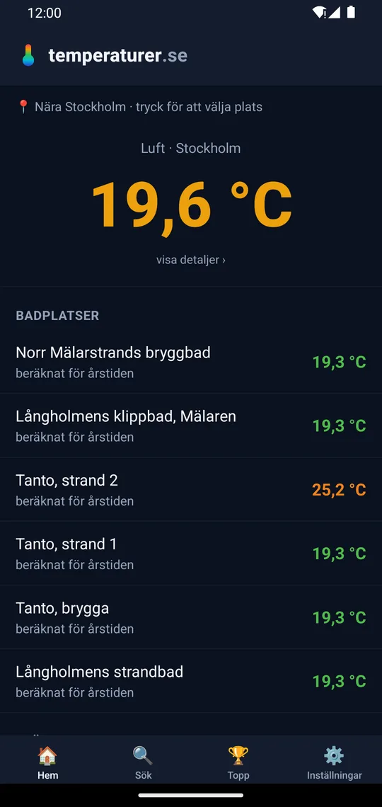 The app's start view: temperatures near you