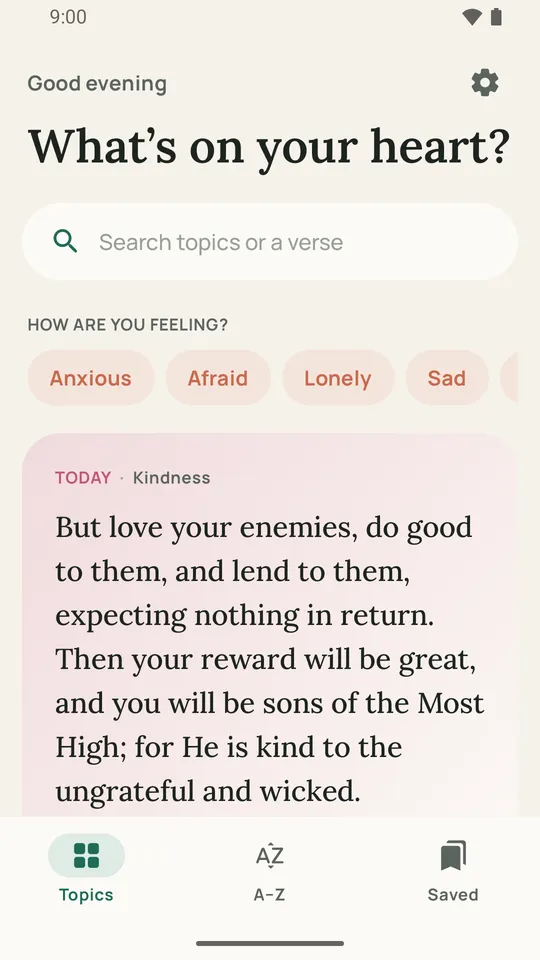 The home screen: What's on your heart? with a row of feelings and a verse for today