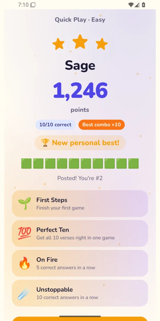 The result: ten of ten correct, 1,246 points and a new personal best